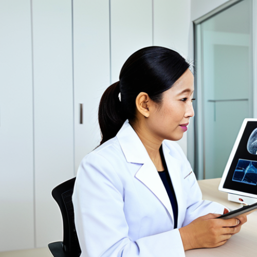 A professional Malaysian female rehabilitation specialist in a modest lab coat over her business attire, engaged in a focused consultation with an adult Malaysian female patient. They are seated comfortably at a clean, modern desk in a brightly lit consultation room within a high-end private clinic in Kuala Lumpur. The specialist is reviewing digital medical records on a tablet, while the patient listens attentively. Both are fully clothed, in appropriate attire. Perfect anatomy, correct proportions, natural pose, well-formed hands, proper finger count, natural body proportions, professional photography, high quality, sharp focus, vibrant colors, safe for work, appropriate content, modest, family-friendly.