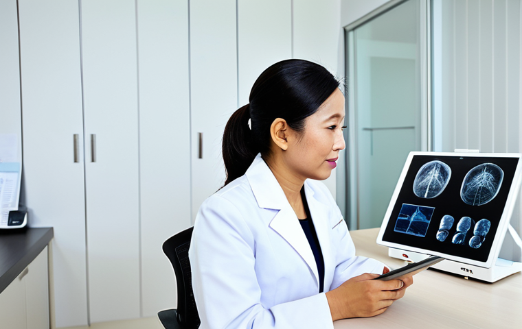A professional Malaysian female rehabilitation specialist in a modest lab coat over her business attire, engaged in a focused consultation with an adult Malaysian female patient. They are seated comfortably at a clean, modern desk in a brightly lit consultation room within a high-end private clinic in Kuala Lumpur. The specialist is reviewing digital medical records on a tablet, while the patient listens attentively. Both are fully clothed, in appropriate attire. Perfect anatomy, correct proportions, natural pose, well-formed hands, proper finger count, natural body proportions, professional photography, high quality, sharp focus, vibrant colors, safe for work, appropriate content, modest, family-friendly.